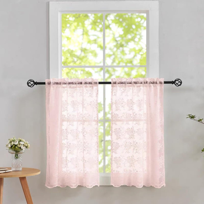 YJ YANJUN Pink Bathroom Window Curtain Short Princess Curtains for Little Girls Room Half Curtains for Windows Tier Voile Cafe Curtain 30 Inch Length for Kitchen Bedroom Rod Pocket Pink Boho Decor - Image 1